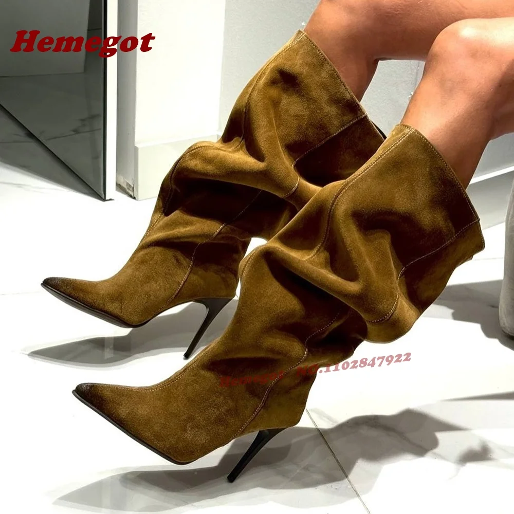 

Pleated Pointy Toe Knee High Boots Suede Stiletto Heels Slip On Women Fashion Boots Winter Solid 2026 New Casual Shoes Luxury