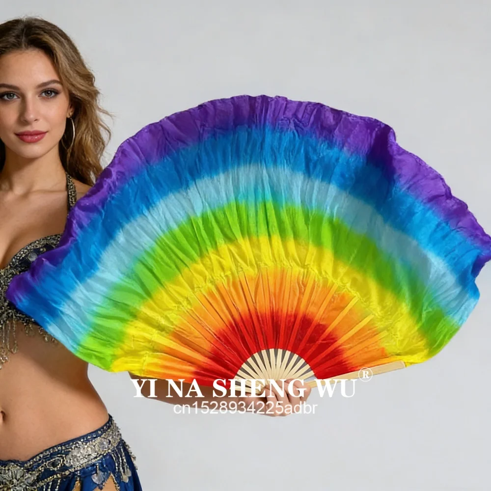 Velos de seda 100% de colores del arco iris, abanico circular de doble cara de 2 capas, pintura a mano, Color degradado, danza del vientre, abanicos de utilería de baile cuadrado