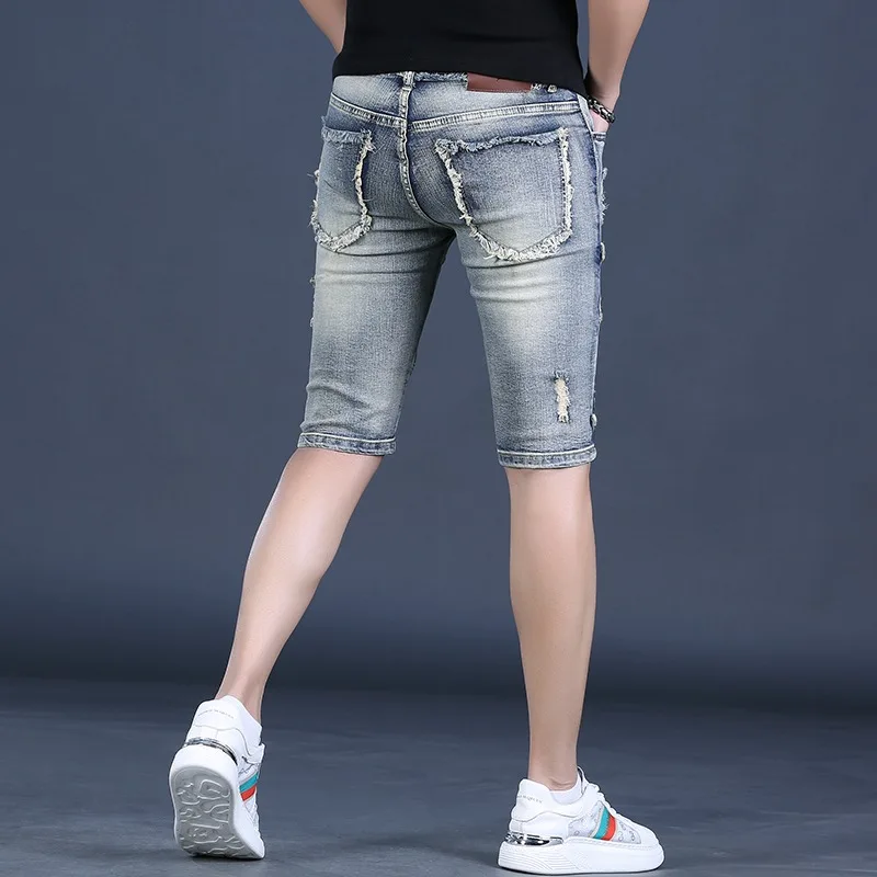 Vintage Ripped Shorts Jeans Men Summer Streetwear Casual Retro Blue Slim Fit Cotton Denim Shorts