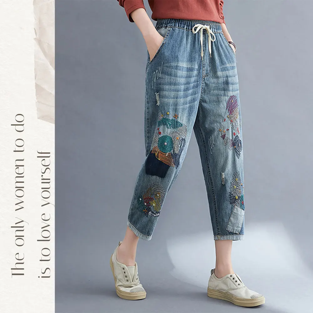 Aricaca Women High Waist Harem Pants Casual Boyfriend Patch Designs Jeans Female Streetwear Vintage Embroidery Jeans