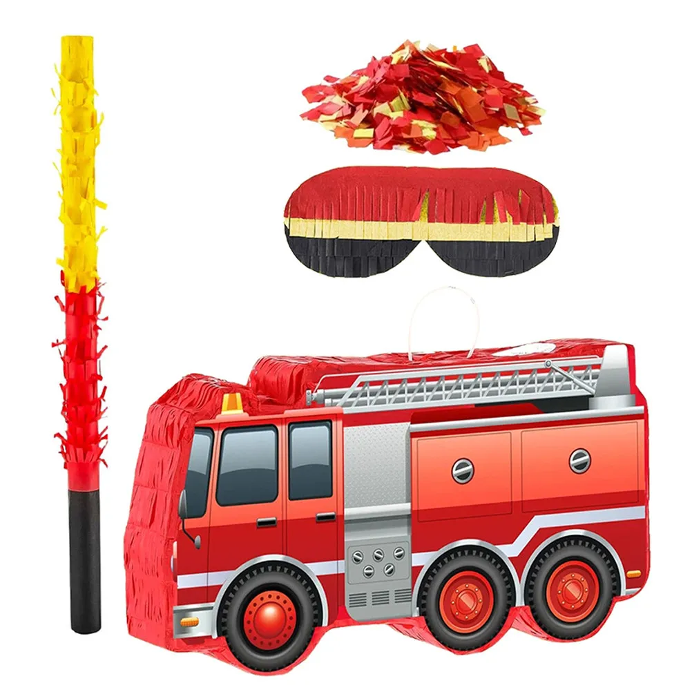 1Set Fire Truck Pinata Fire Engine Design Hanging Birthday Party Decoration Party Supplies Confetti Blindfold Bat