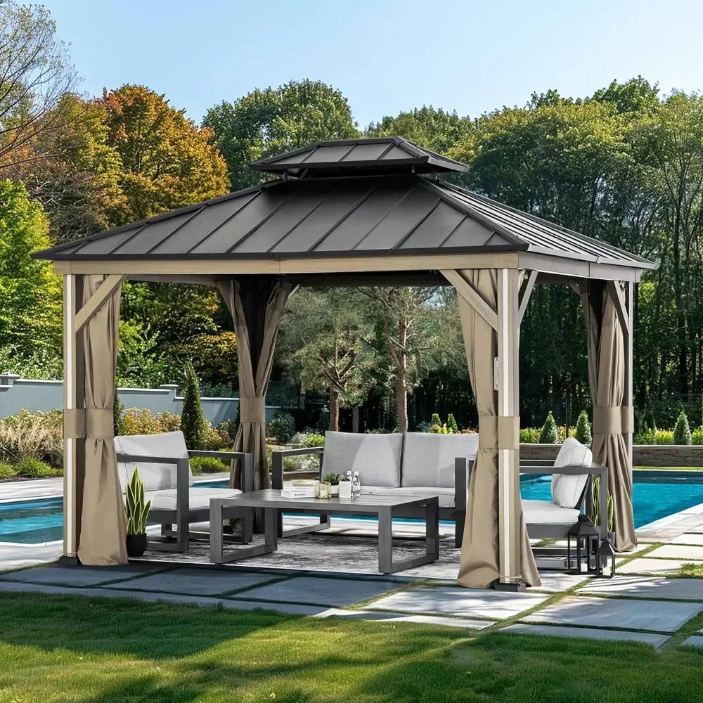 Modern Shade Hardtop Gazebo 10' x 12' with 4 LED Lights, Outdoor Gazebo with Double Roof, Patio Gazebo with USB & USB-C