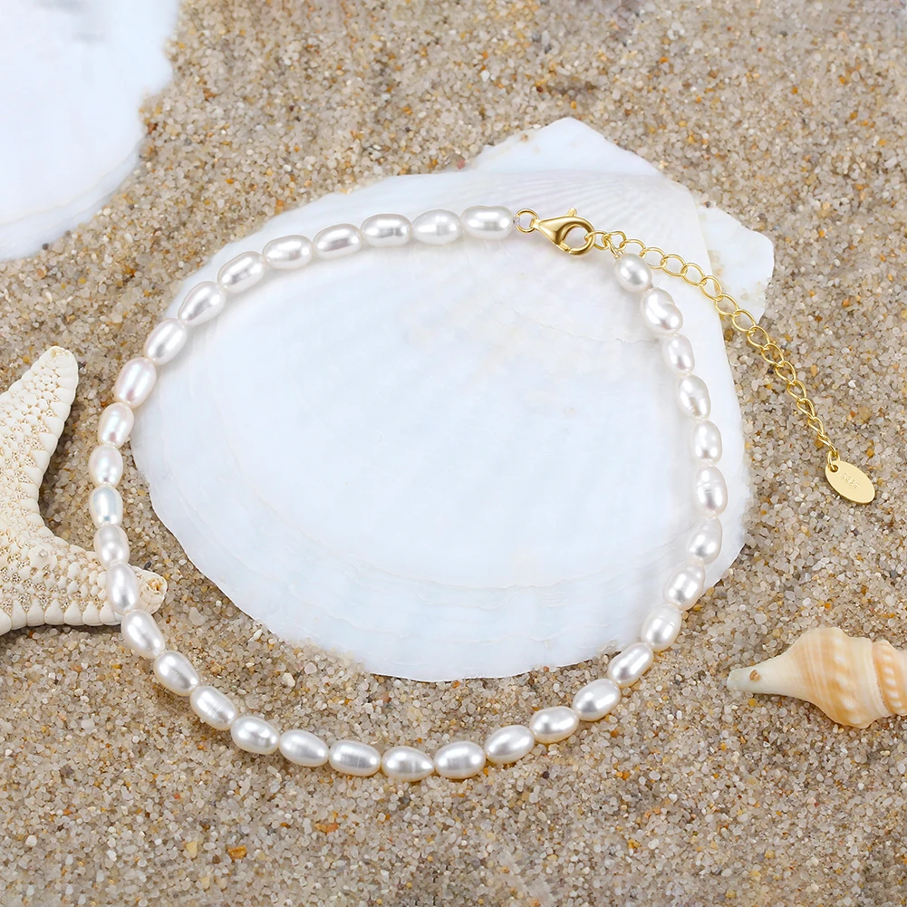 KISS MANDY Bohemian Simple Natural Pearl Anklet 925 Silver Summer Beach Bracelet on the Leg Foot Bracelet Sandals Jewelry SA39 3