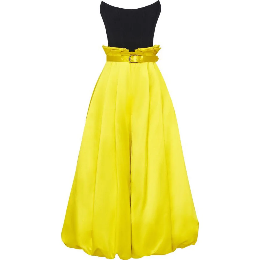 

New Fashion Bright Yellow Women PantsLoose Casual Ankle Length Woman Pants Elegant Zipper Closure Satin Pants with Pockets