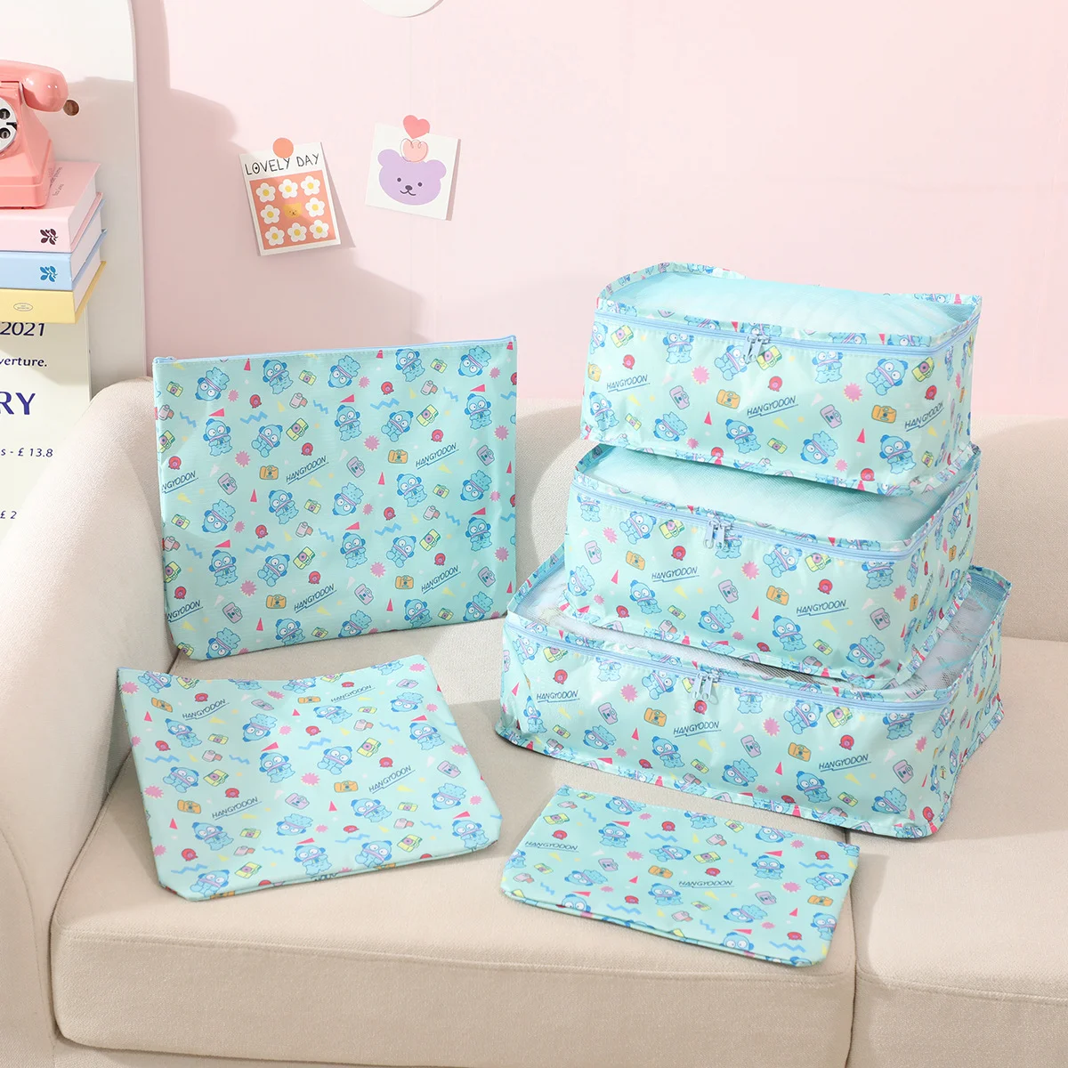 

6pcs/Set Sanrio Storage Bag Kawaii Japanese Classification Cartoon Korean Fashion Pink Bow Cat Travel Bag Storage Bag Gift