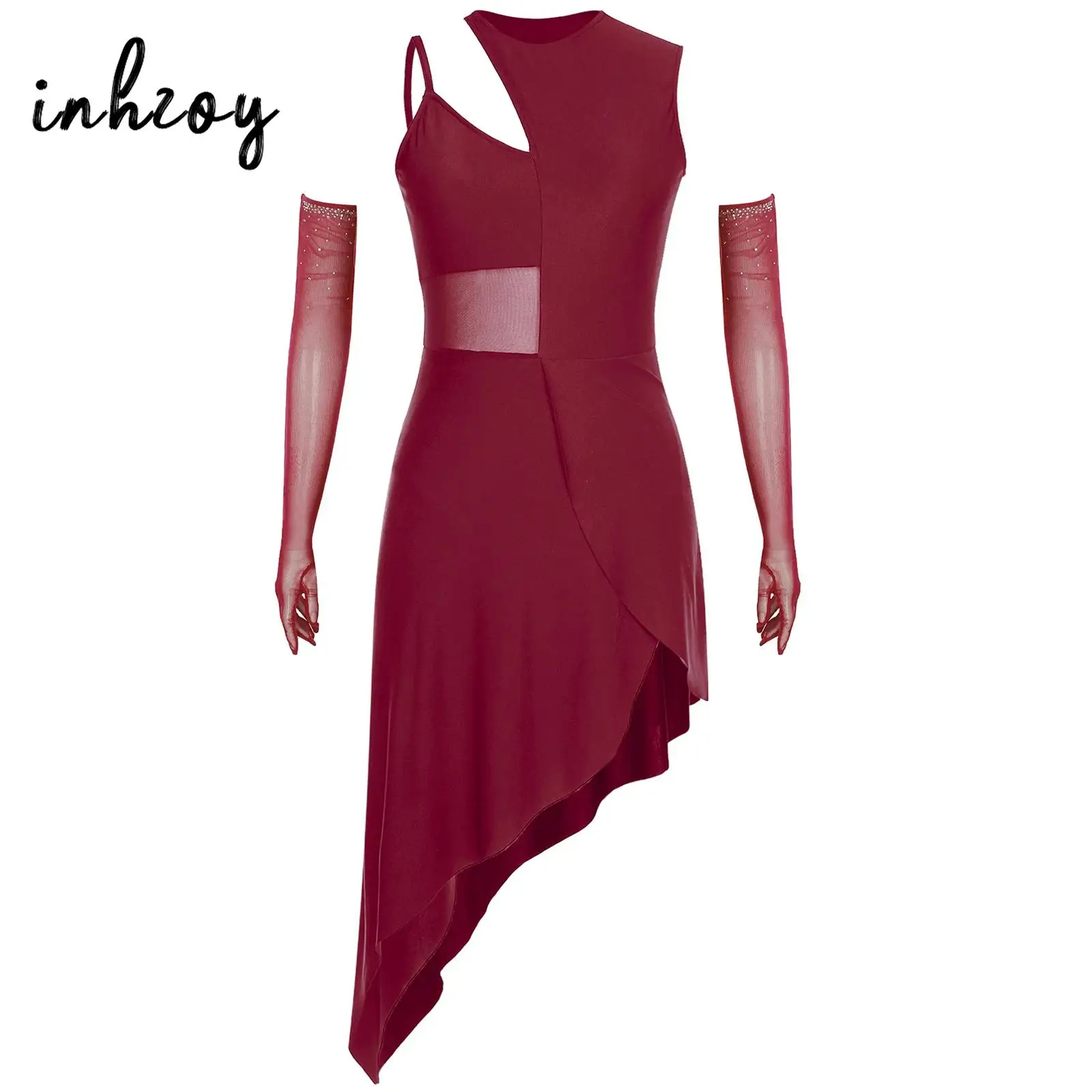 

Womens Modern Latin Dance Dress Irregular Patchwork Sleeveless Dress With Rhinestone Full-finger Mesh Long Gloves Dance Costume