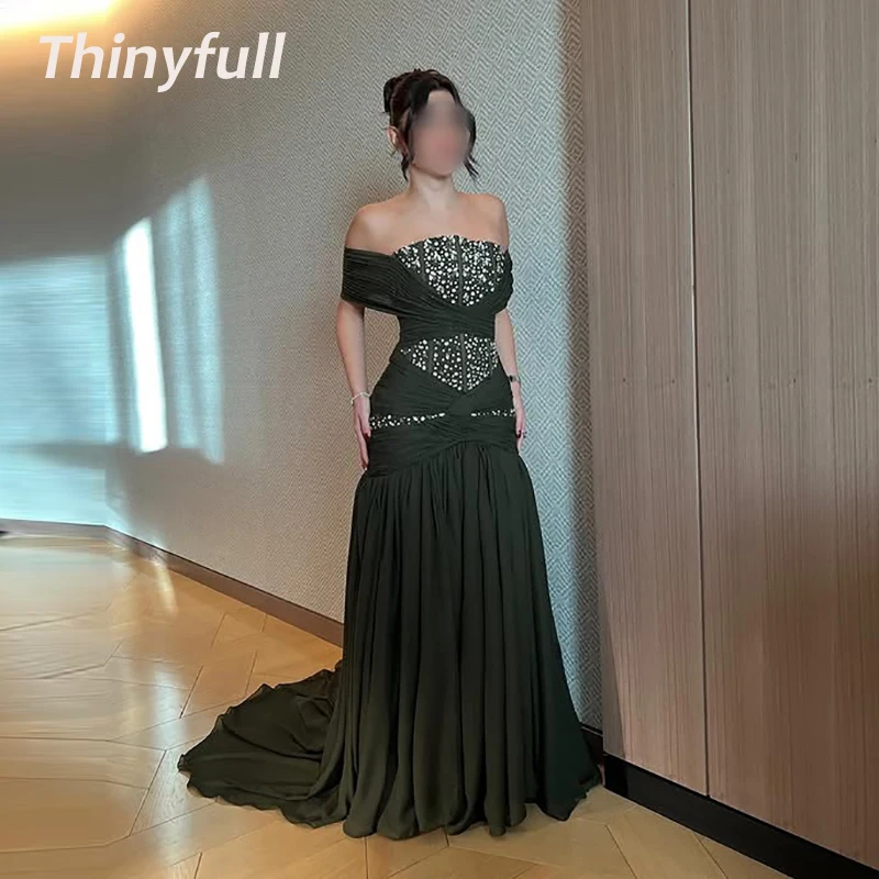

Thinyfull Mermaid Chiffon Prom Dresses Off Shoulder Crystal Holiday Style Gown Arab Evening Dress Robe De Soirée Customized