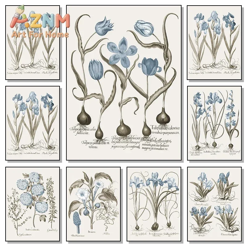 Retro Abstract Blue Various Flower Seedlings Root Green Leaves Poster Canvas Painting Wall Art Pictures Living Room Home Decor