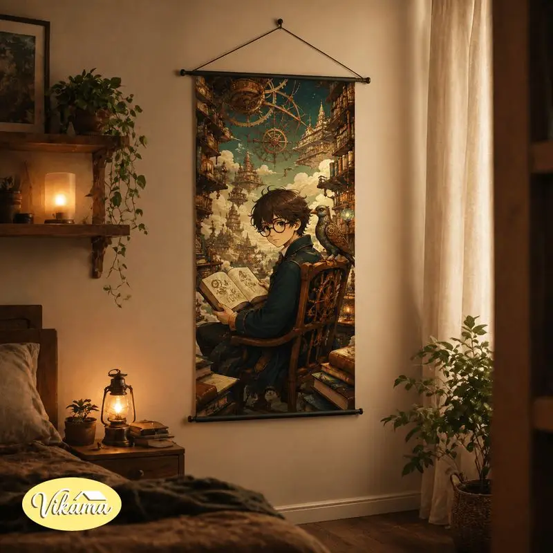 VIKAMA Steampunk Anime Boy Tapestry Mechanical Owl Pocket Watch Gear Victorian Art Wall Hanging for Bedroom Aesthetic Home Decor