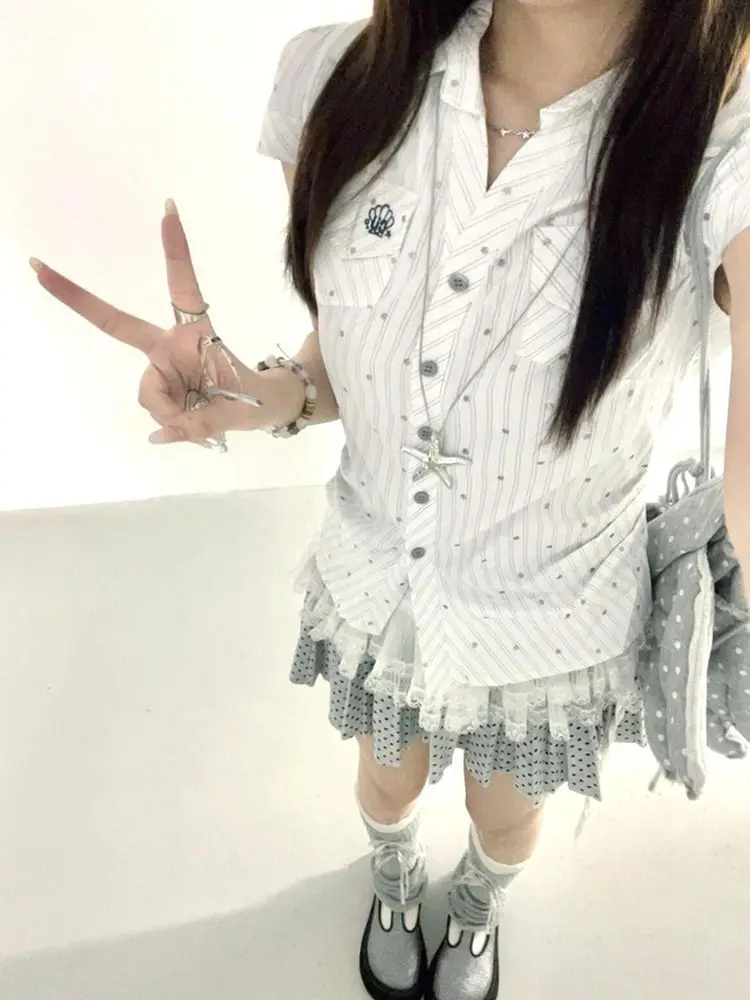 Japanese Vintage Coquette 2 Piece Set Women Polka Dot Print Lace Trim Pleated Mini Skirt Short Sleeve Blouse Casual Daily Outfit