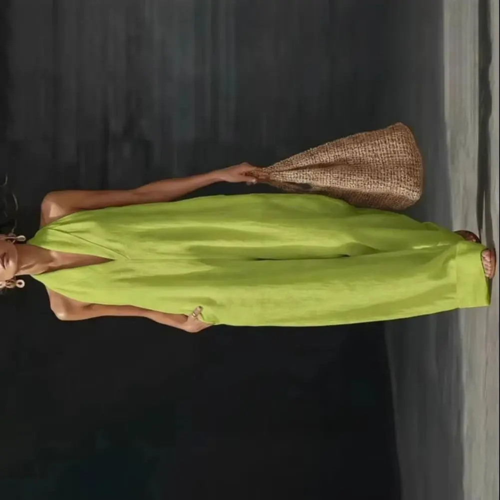2026 Women Jumpsuit Faux Linen Halter Jumpsuit Lapel V-Neck Sleeveless Wide Leg Overalls Summer Loose Rompers Wide Leg Pants