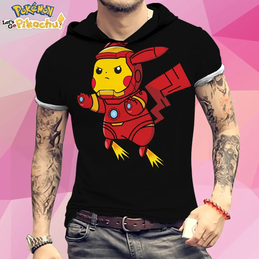 Fashion T-shirt Men Pokemon 3XL Hooded Pikachu Cute T-shirts Men's Essentials Harajuku Style Kawaii Pikachu New High Quality Y2k