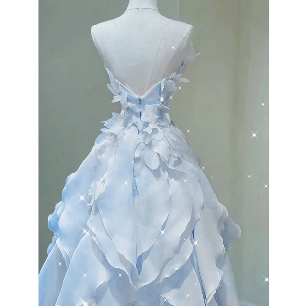 Blue Evening Dress Women Luxury Elegant Ruffles Fairy Birthday Prom Gown Exquisite Sleeveless Bride Banquet High-end Host Dress