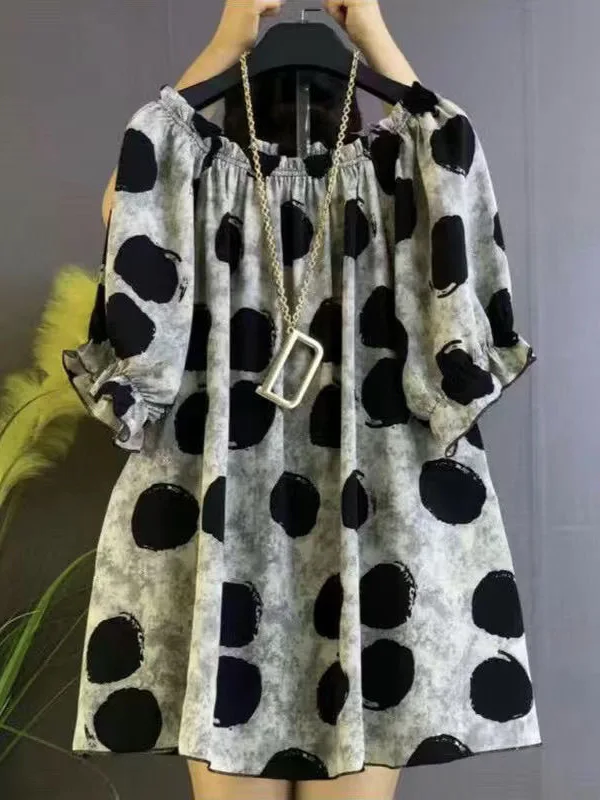 

Summer Faion Large Size Women's Loose Floral irt Slimming Concealing Top Polyester ort Sve round Ne Print Blouse