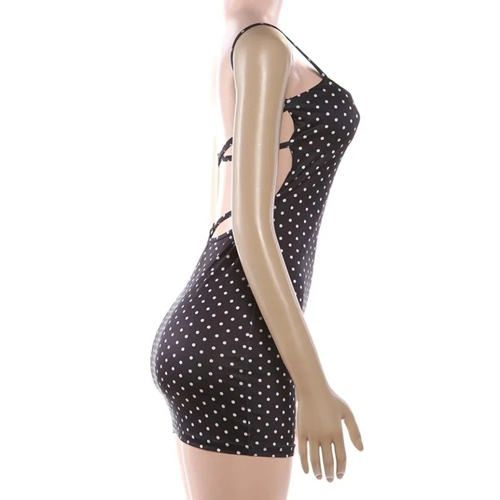 

Low-Neck Women Polka Dot Print Dress Sleeveless Skinny Fit Bodycon Dress Bandage Style Elasticity Fabric Backless Dress Summer