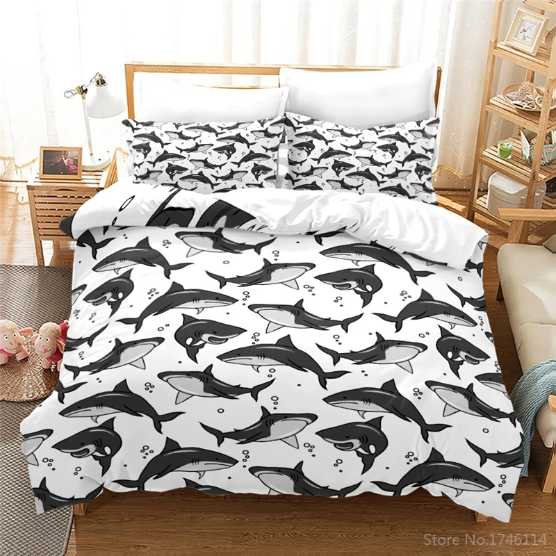 Black and White Bedding Set Cute Cartoon Sharks Print Duvet Cover Set Comforter Cover Pillowcase Home Textile for Kids Boys Gift