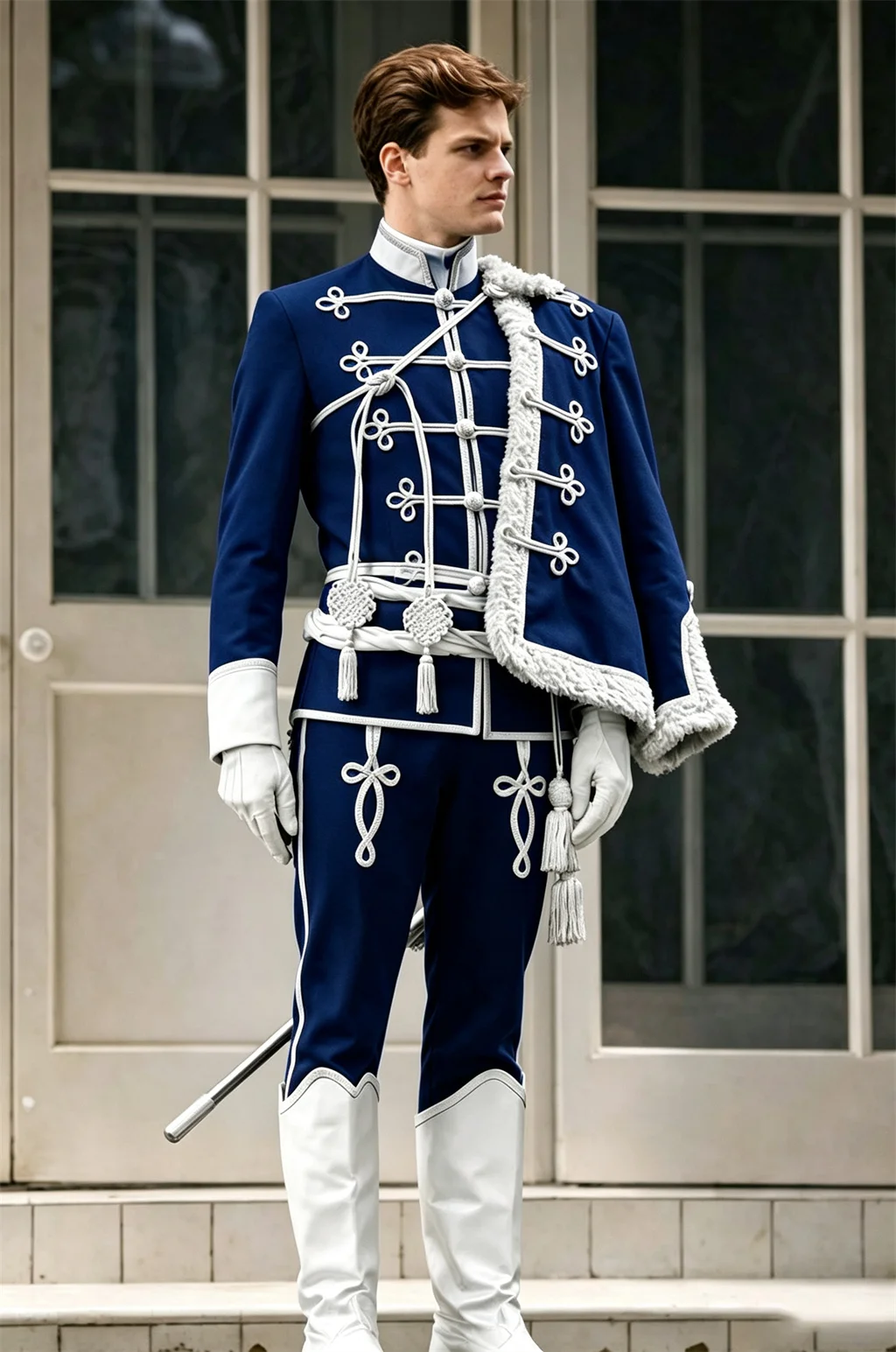 Herren Royal Hussar Militär-Cosplay-Kostüm Uniform Dunkelblau Weiß Geflochtene Quaste Hofkavallerie-Kostüm Edles Offiziers-Outfit