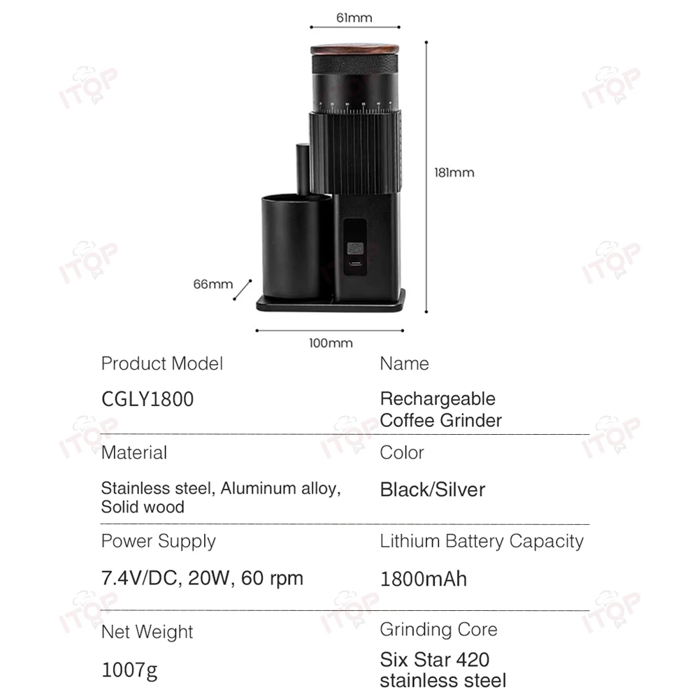مطحنة قهوة كهربائية من ITOP، مطحنة قهوة قابلة لإعادة الشحن، 38 مم من الفولاذ المقاوم للصدأ للإسبريسو