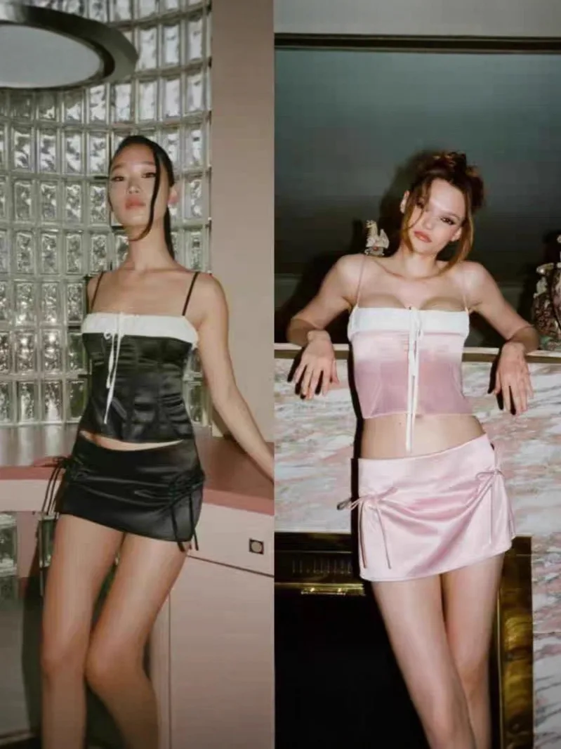 

Style Contrast Color Satin Short Top And High Waist Pants Set Pure Color Spring Fashion Trend for Women Hot Girl Look