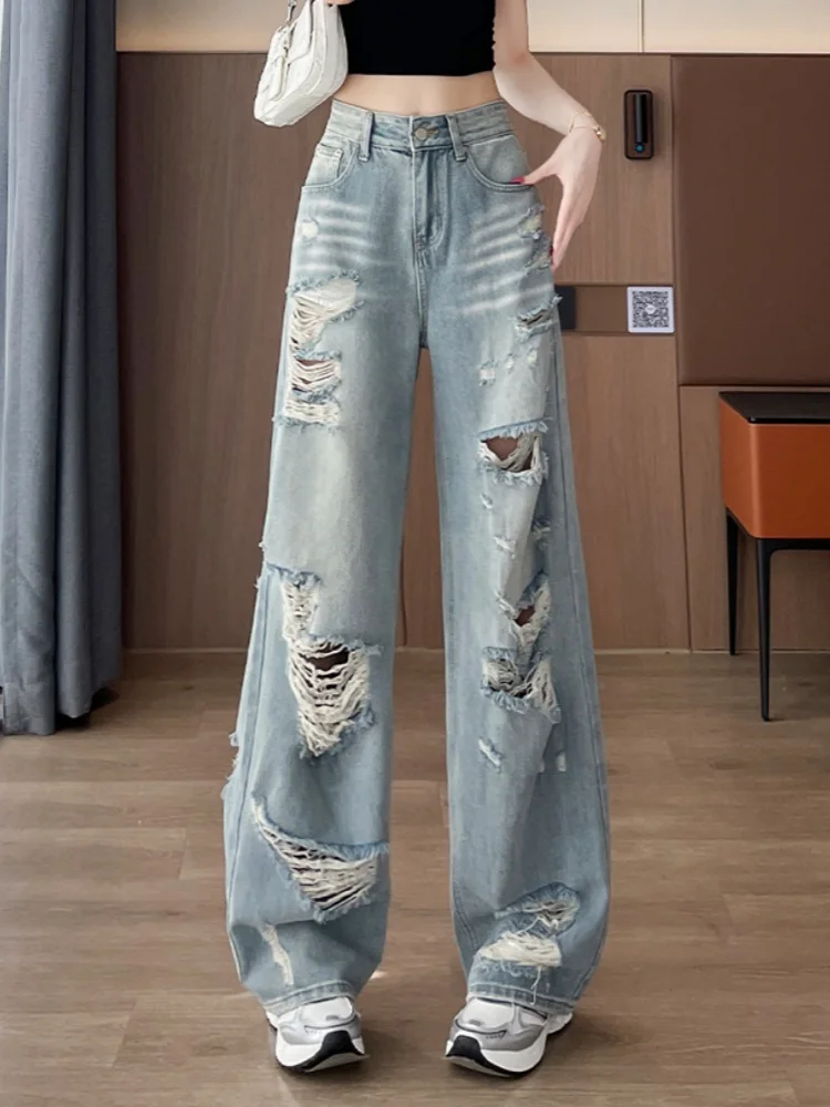 American Retro Hole-punched Jeans Women High Waist Straight-crotch Loose Slim Design High-street Vibe Wide-legged Dragging Pants