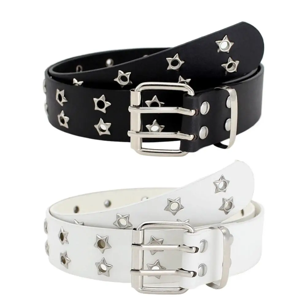 Y2K Punk Rivet Leather Belts  Star PU Black White Waist Strap Double Row Hollow For Jeans Skirt Decor Gothic Waistband image 6
