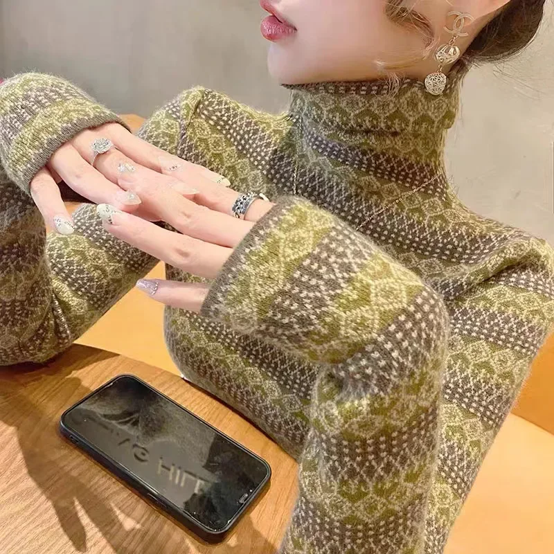 2024年初春 レディース タートルネックセーター ソフトで伸縮性のあるスリムニットプルオーバー 女性用トップス シックなストリートファッションニットウェア