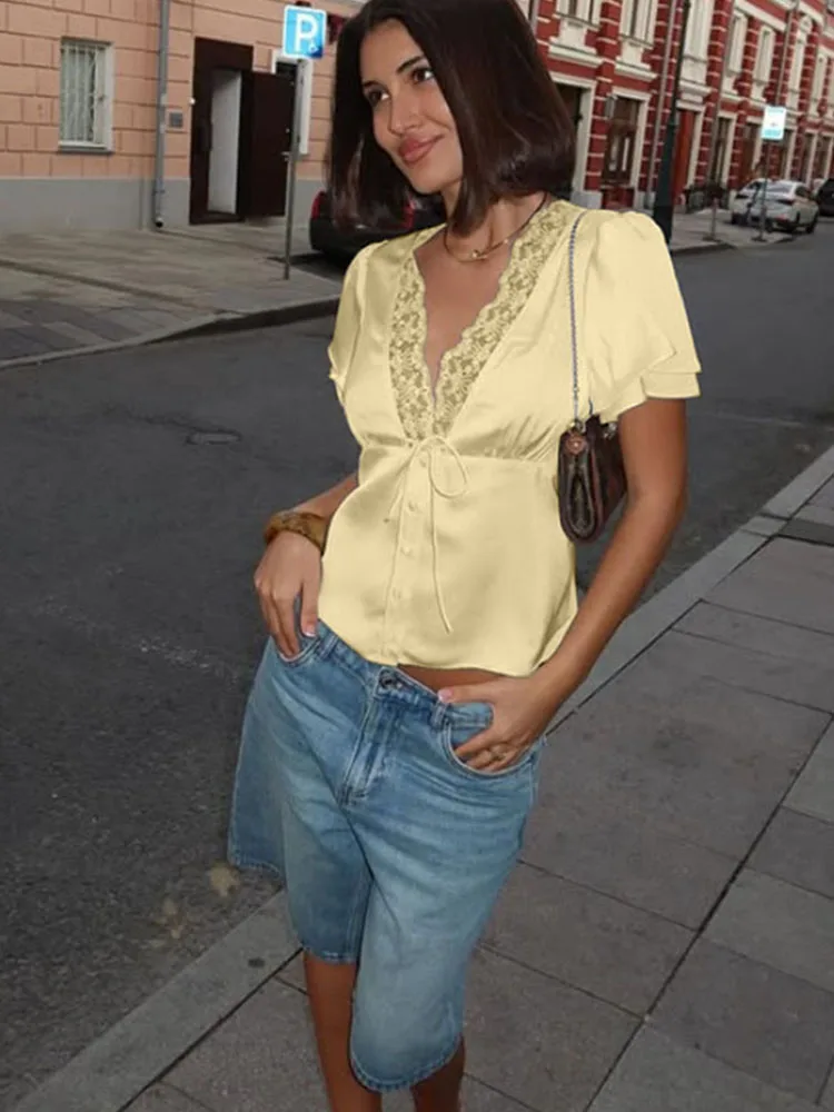 아하가가 캐주얼 여성용 탑 솔리드 레이스 넥 반팔 새틴 슬림 버튼 레귤러 엘레강스 스트릿웨... - 3