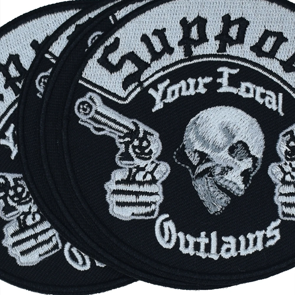 Support your local outlaws motorcycle patch embroidery iron on skull bones biker custom for jacket free shipping