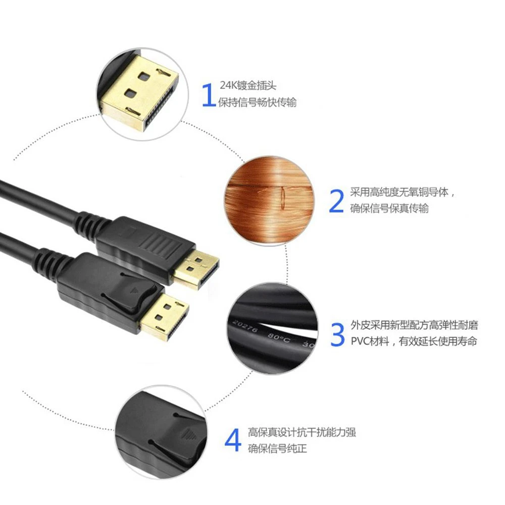 Kabel DP, kabel koneksi komputer ke TV HD, kabel video laki-laki ke laki-laki, kabel displayport, 1.8m, 3m, 5m