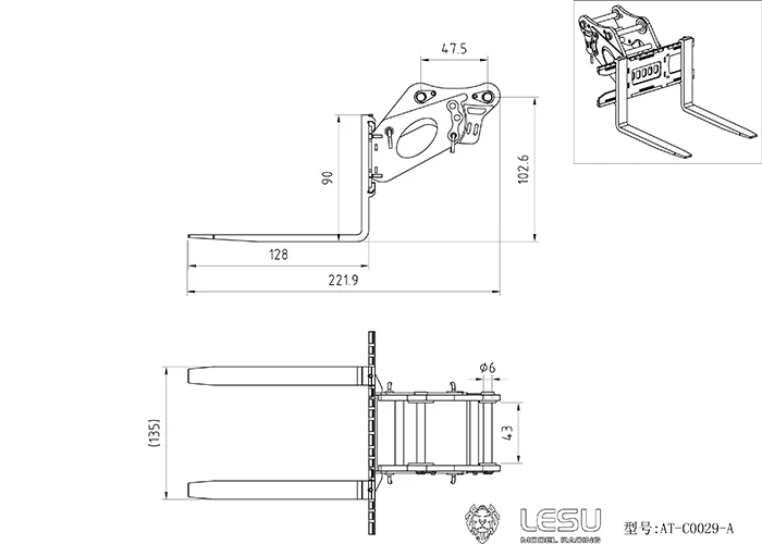 Lesu forcella a benna con pala a sgancio rapido in metallo per veicoli telecomandati per escavatore RC 1/14 374 AC360 ET30H ET26L Parts Toys