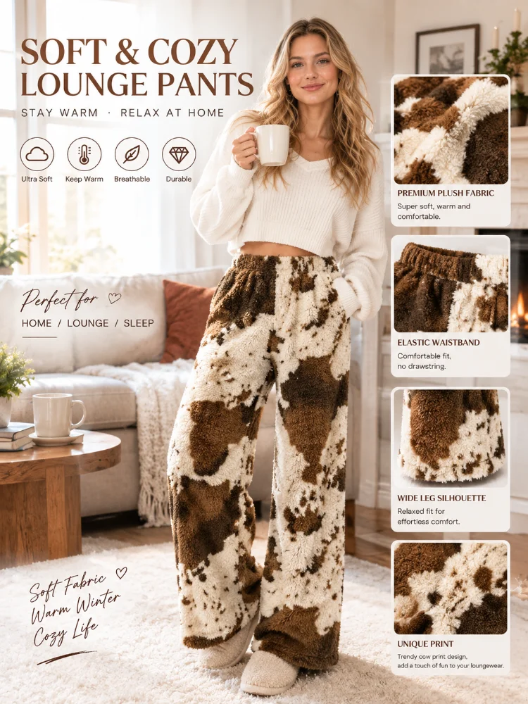 Women's Winter Plush Home Pants - Brown and White Cow Print Fluffy Fleece Wide-Leg Pants - High-Waisted Warm Casual Pants
