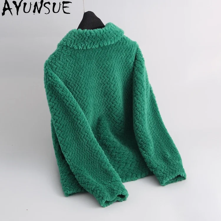 AYUNSUE Casual Short Wool Coats for Women 2023 Autumn Winter Sheep Shearing Jacket Elegant Green Fur Coat Roupas Femininas