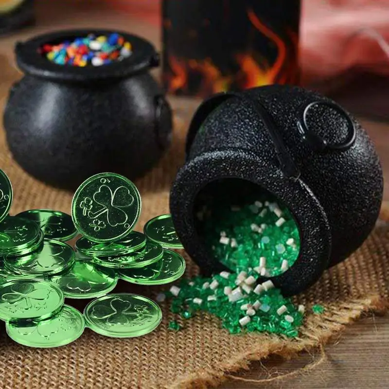 St Patricks Day Co in Black Pots St Patrick's Day Party Decoration Supplies 50 Plastic Gold Clover Co ins Little Witch Candy Jar