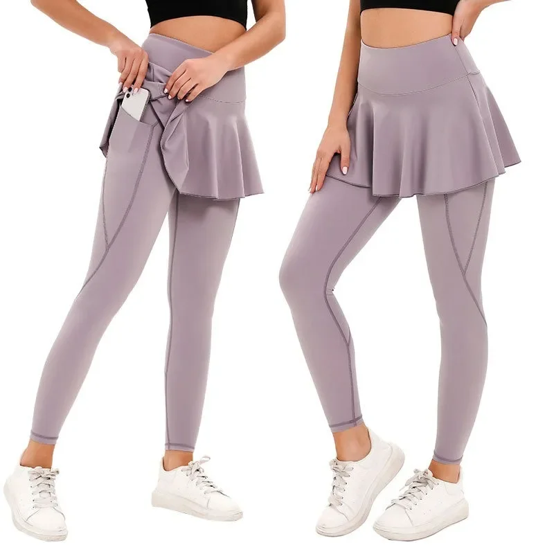 Women's High Waist Yoga Pants Fake Two-Layer Workout Leggings with Pockets Quick Dry High Elastic Tights Gym Running Fitness