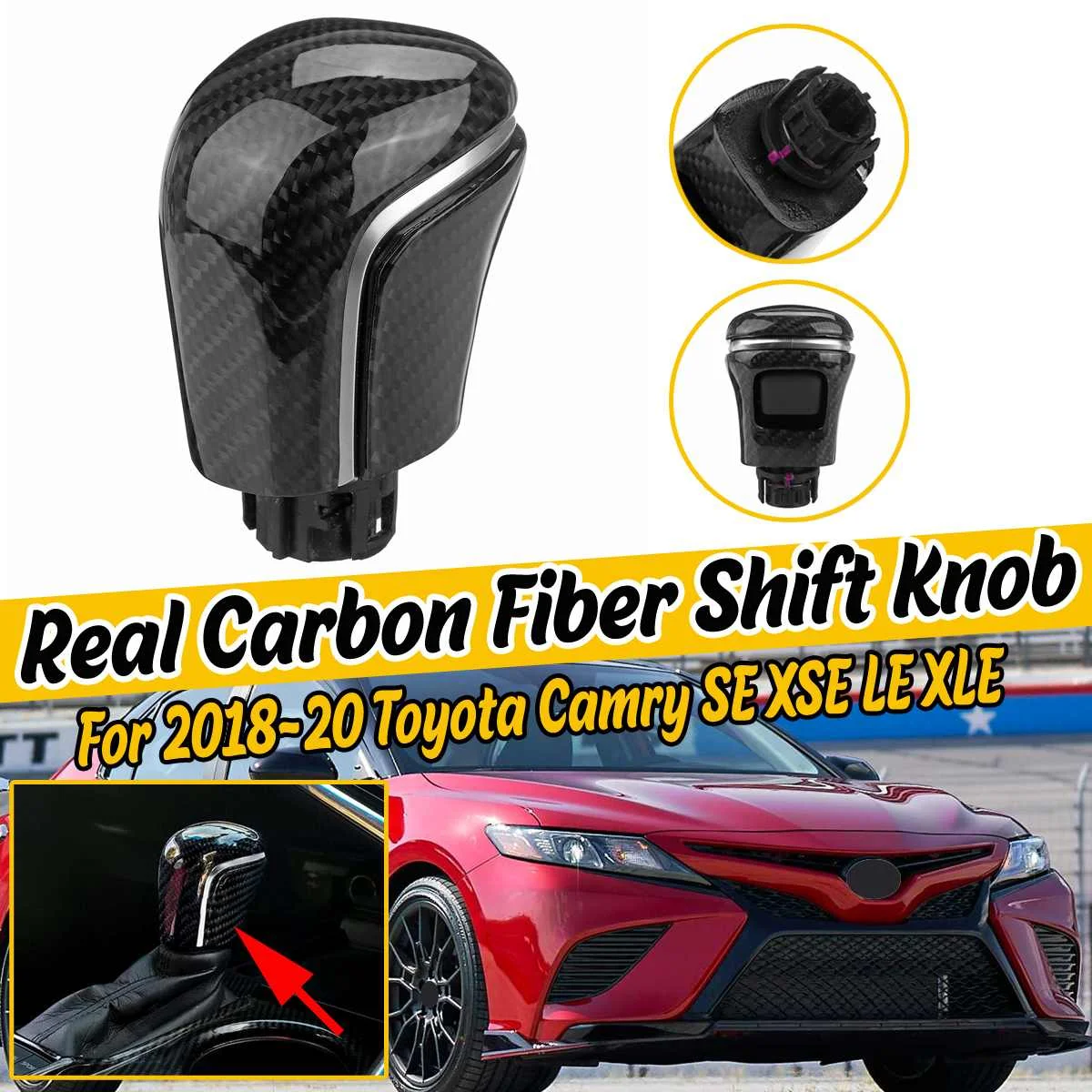 

Auto Real Carbon Fiber Car Gear Shift Knob Gearstick With Silver/ Red / Blue Strip For Toyota Camry SE XSE LE XLE 2018 2019 2020