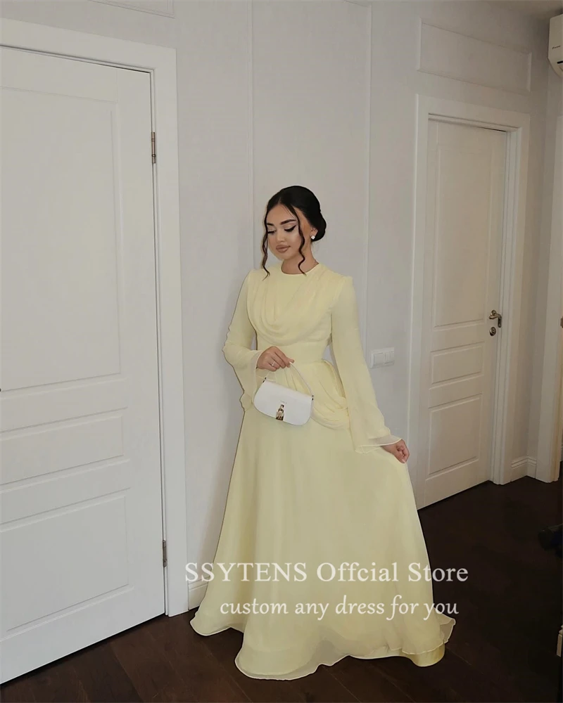 SSYTENS-Robe de soirée sirène en mousseline de soie à manches longues, robes de Rhde Dubaï, robes de soirée d'occasion, jaune, bébé, saoudien