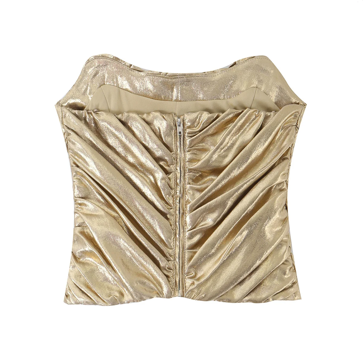 TFMLN 2026 Damen Glänzendes Gold Gerafftes Top Modisches Diagonal Plissiertes Ärmelloses Trägerloses Crop-Top Damen Abend-Partykleidung – Detail 3