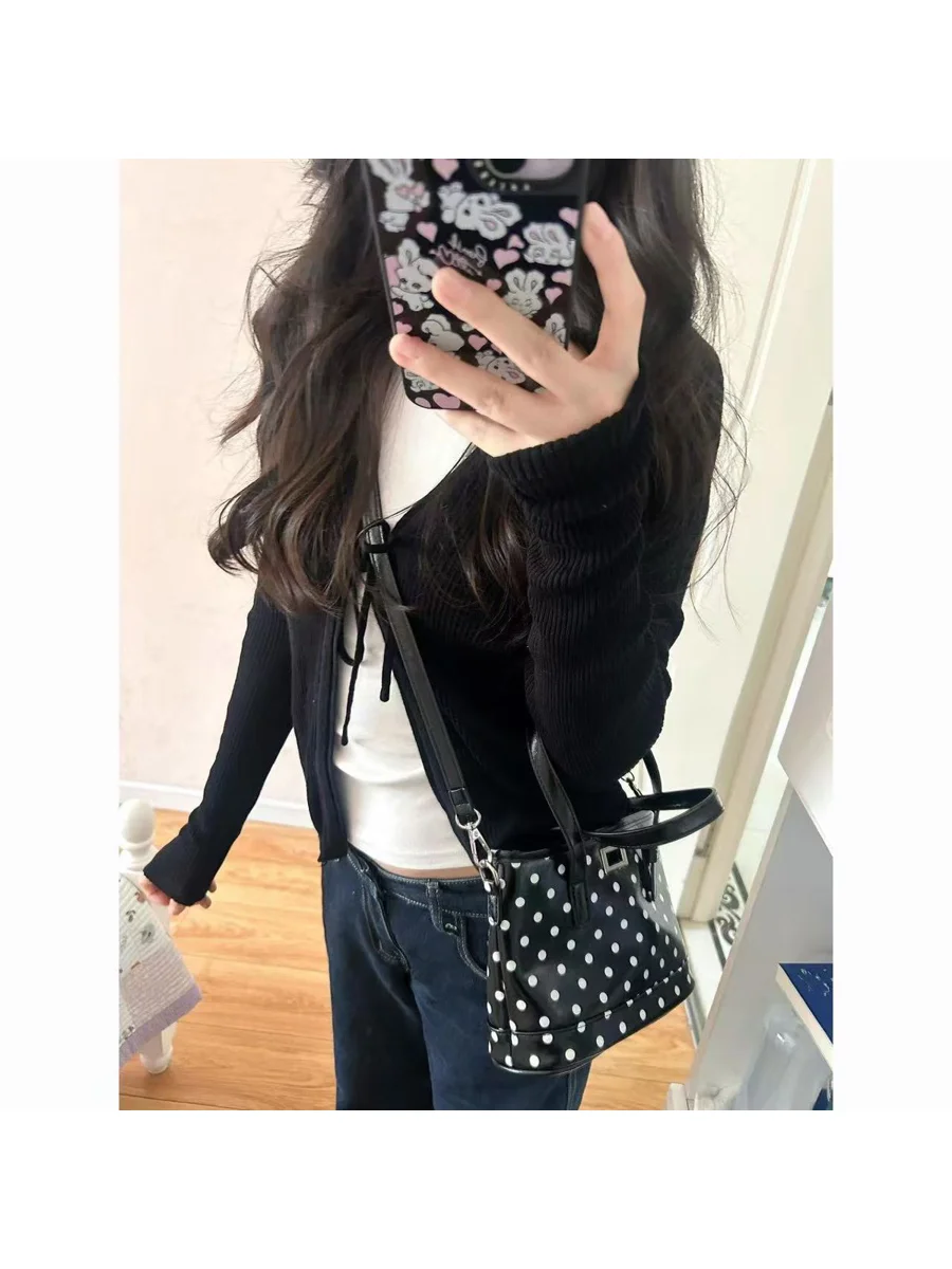 Black V-Neck Belted Long Sleeve Knitted Open Cardigan Women's Slimming Short Top Outerwear Polyester Fiber 2026 Autumn New Style