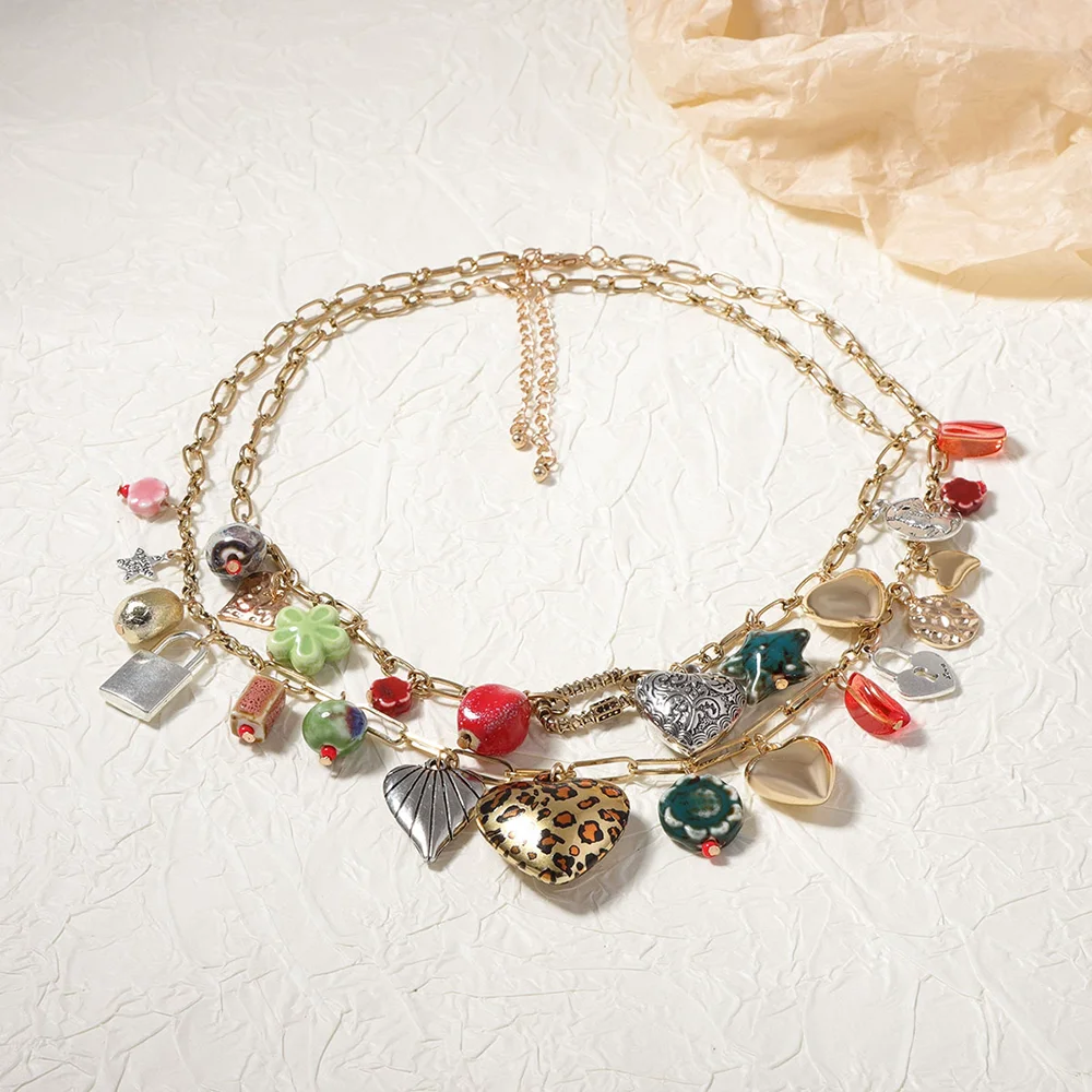 Bohemia Trend Vintage Necklace Vacation Chic Double Layered Alloy Multiple Pendant Necklace Beach Party Jewelry Accessories