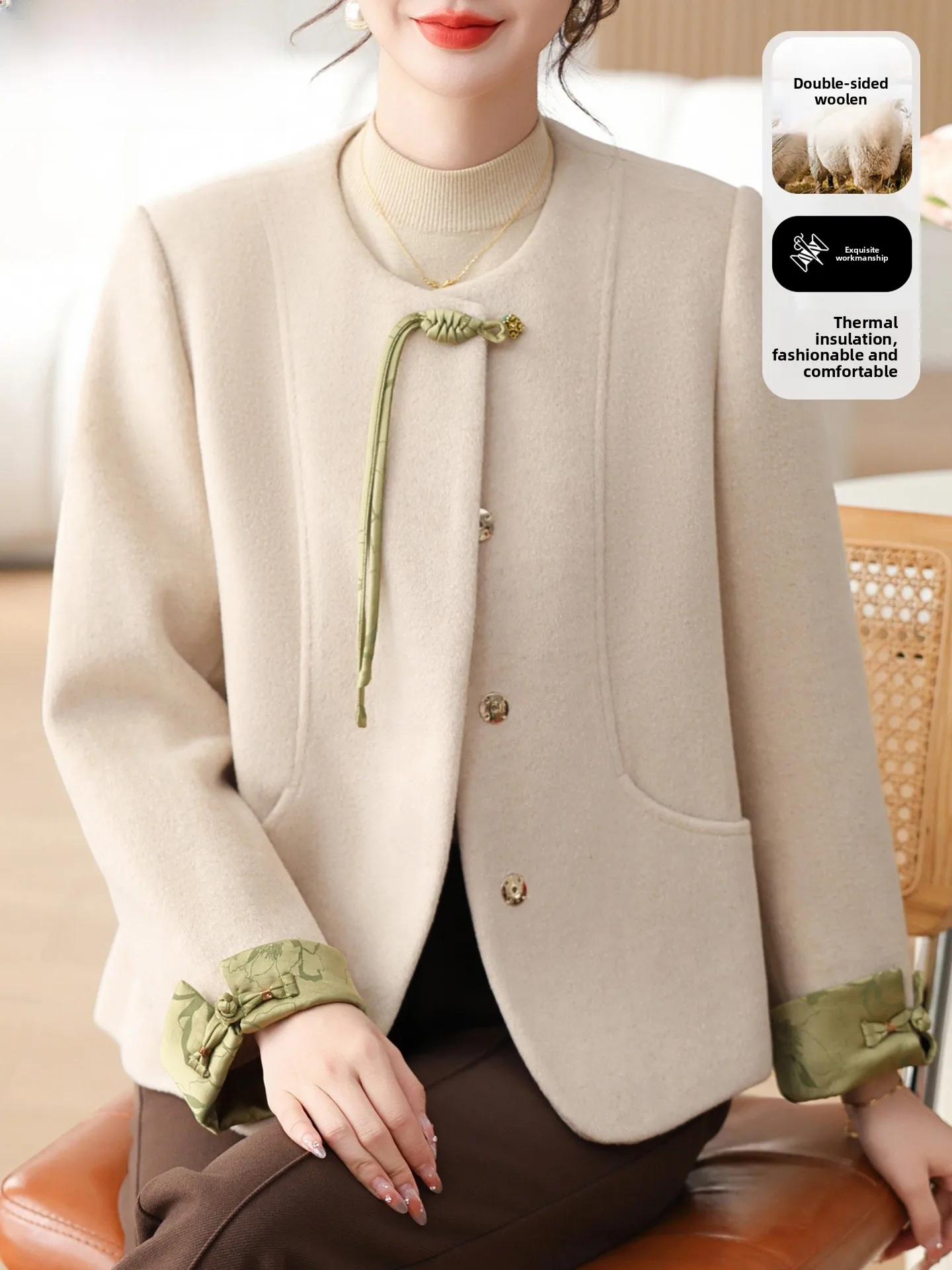 

New Chinese Sle Double-sided Woolen Coat Camere Coat Women's Autumn Winter Faionable Warm Long Sve Casual Knitwear