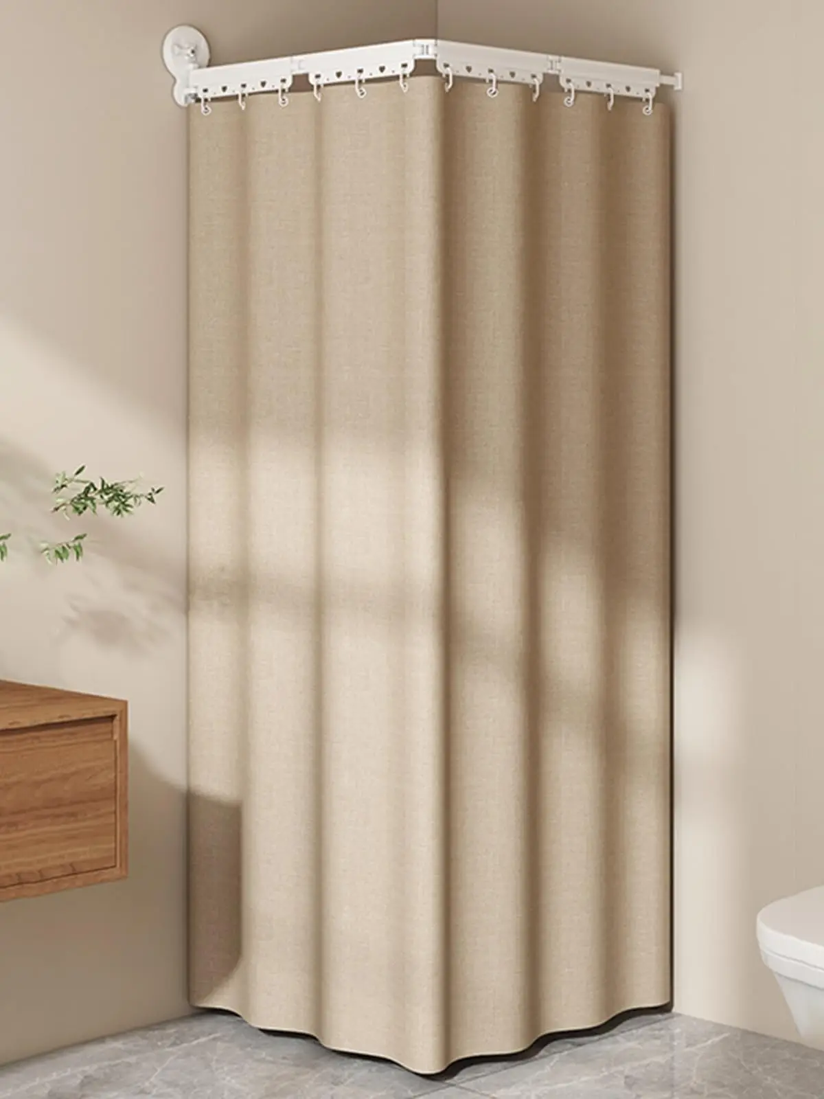 Folding Shower Curtain - Adjustable L/U Shape Corner Shower Curtain Rod No Drill with Suction Cup - Waterproof Linen