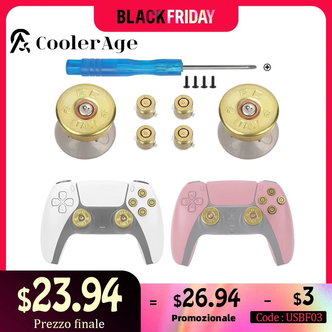 CoolerAge Gold Metal Bullet Thumbsticks Action Bullet Buttons Set for PS5 Controller