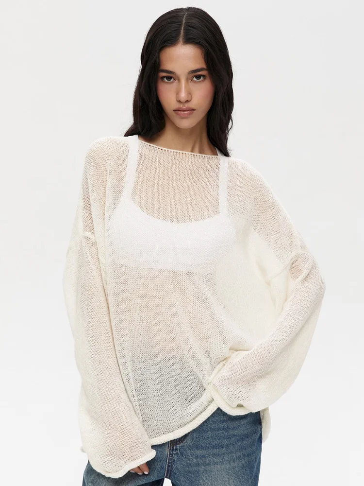 

Elegant Knitted See Through Sweater For Women Fashion Solid Round Neck Full Sleeve Top 2025 Chic Autumn Lady Commute Outwear New