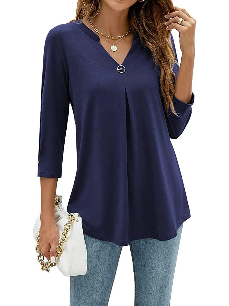 Folded Sve V-ne T-irt Pure Color Button Embellied Autumn Winter Women's Faion Silk Top Medium Length Regular Sve