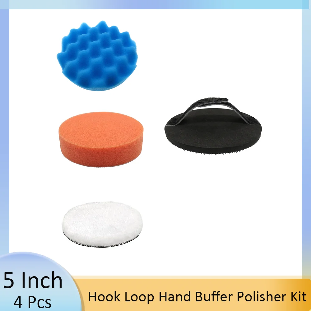 4 Pcs 5 Inch Hook Loop Hand Buffer Polisher Kit Polishing Pad Attachment Buffing Sponge Pads for Car Boat Motorcycles Polish