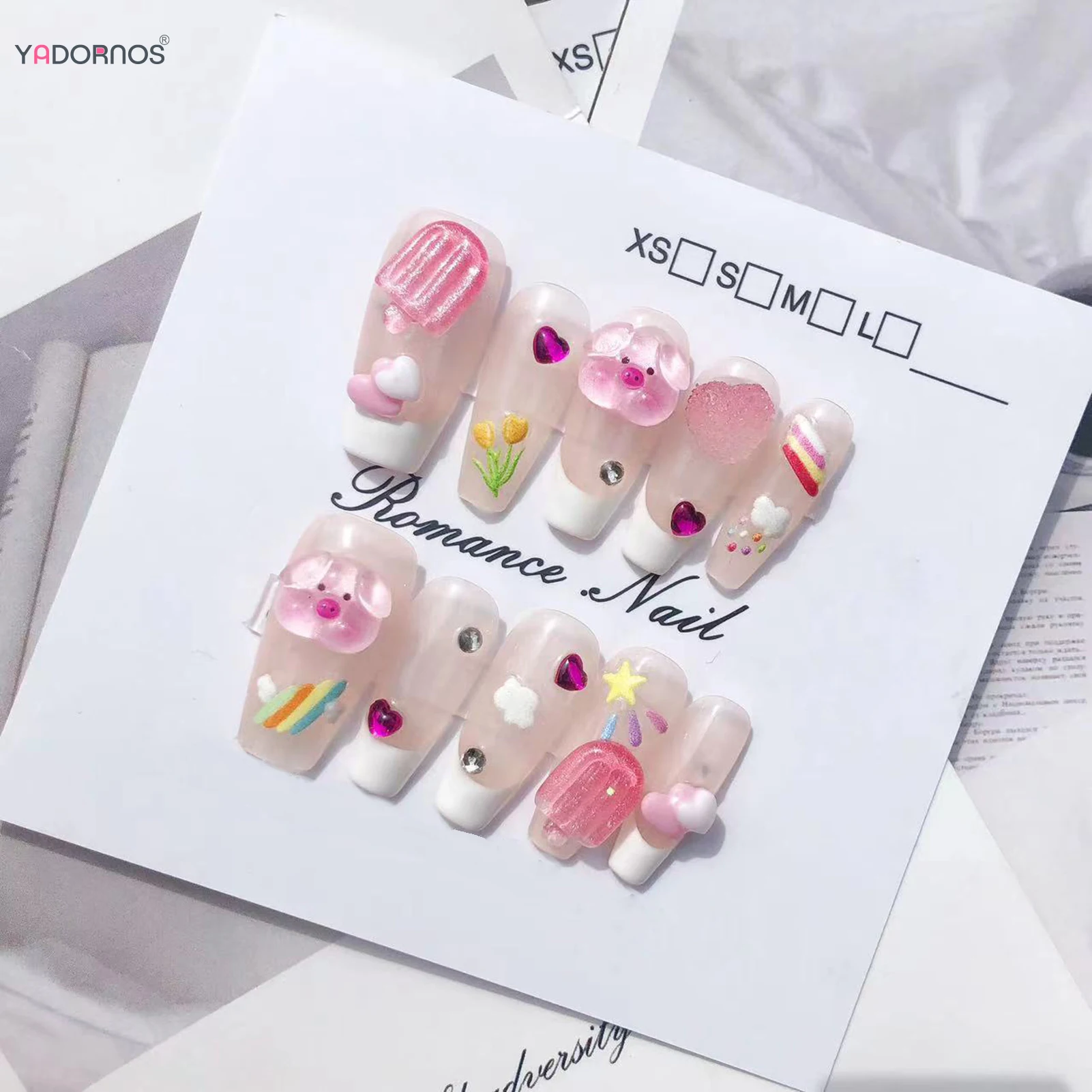 10Pcs Cute Handmade Press on Nails White French Style Fake Nails 3D Ice Cream Animal Designs Nude Color Wearable Manicure