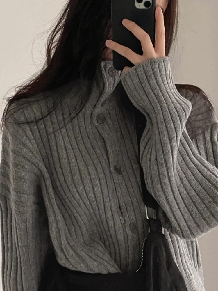 Korean Knitwear Women Cardigan Coat Temperament Vintage Sueter Turndown Pull Femme Casual Autumn Single Breasted Sweater Tops