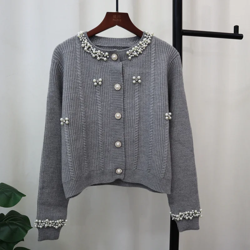 Luxury Style Pearls Beads Knitted Cardigan Small Fragrance O Neck Beading Sweater Coat Outwear Jacket Tops