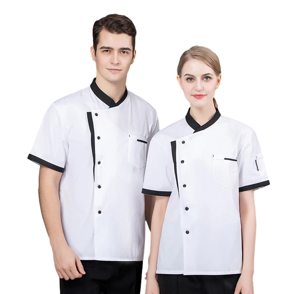 Casaco Chef unisex com mangas curtas, casaco respirável, pele amigável, uniformes de grandes dimensões, tops baratos, padaria camisas