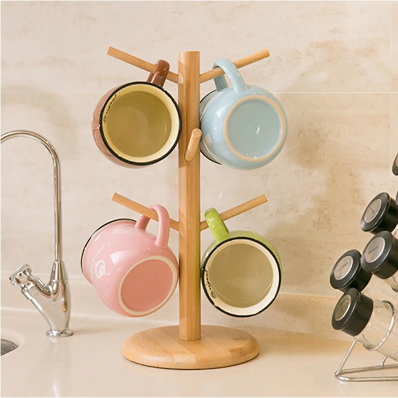 Tree Shape Wood Coffee Tea Cup Rack Storage Holder Stand Home Kitchen Mug Hanging Display Drinkware Shelf With 6 Hooks